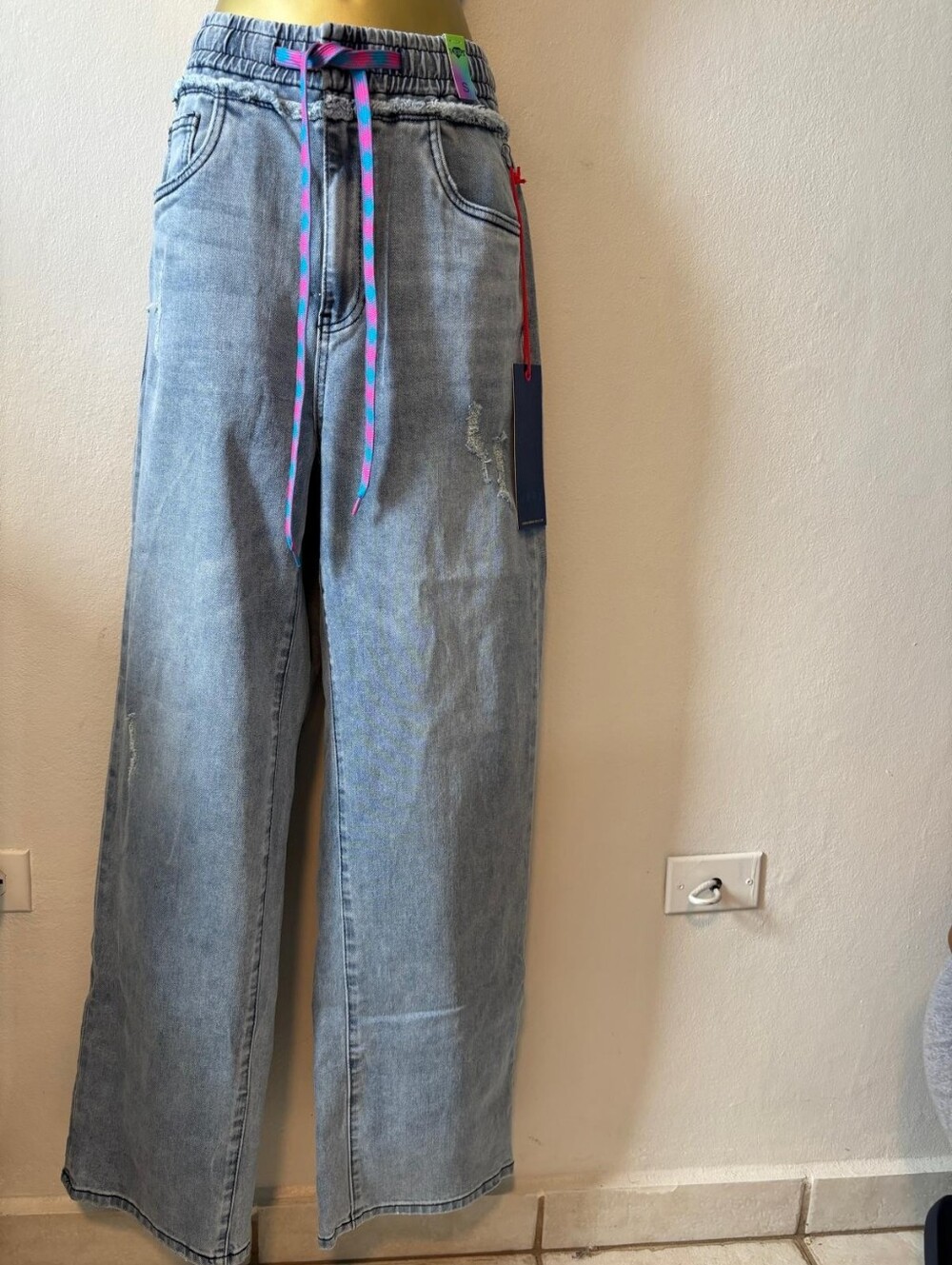 Vibrant Light Wash Wide Leg Denim Jogger Pants with Pink & Blue Drawstring